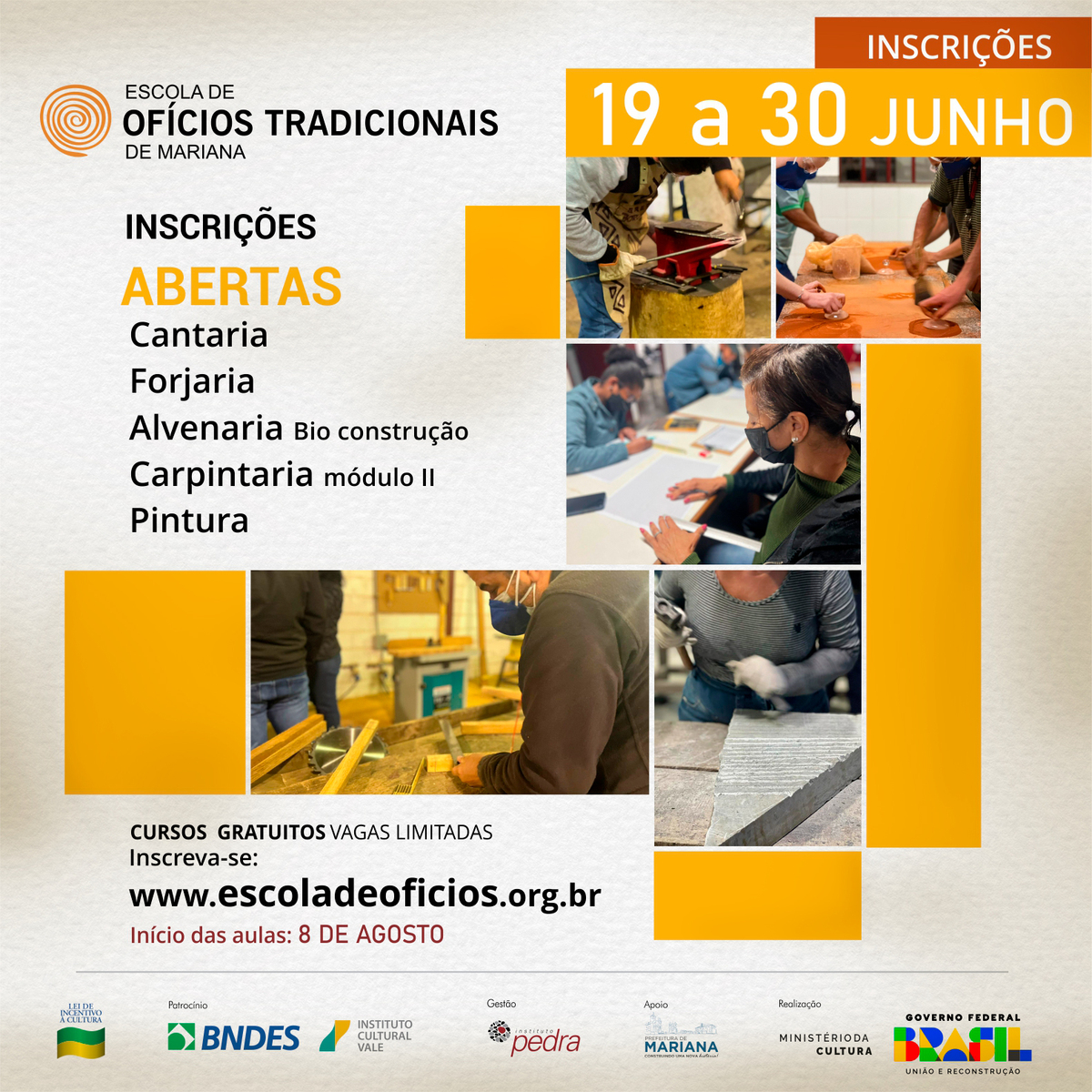 Escola de Ofícios Tradicionais de Mariana abre inscrições para cursos gratuitos até o dia 30 de junho