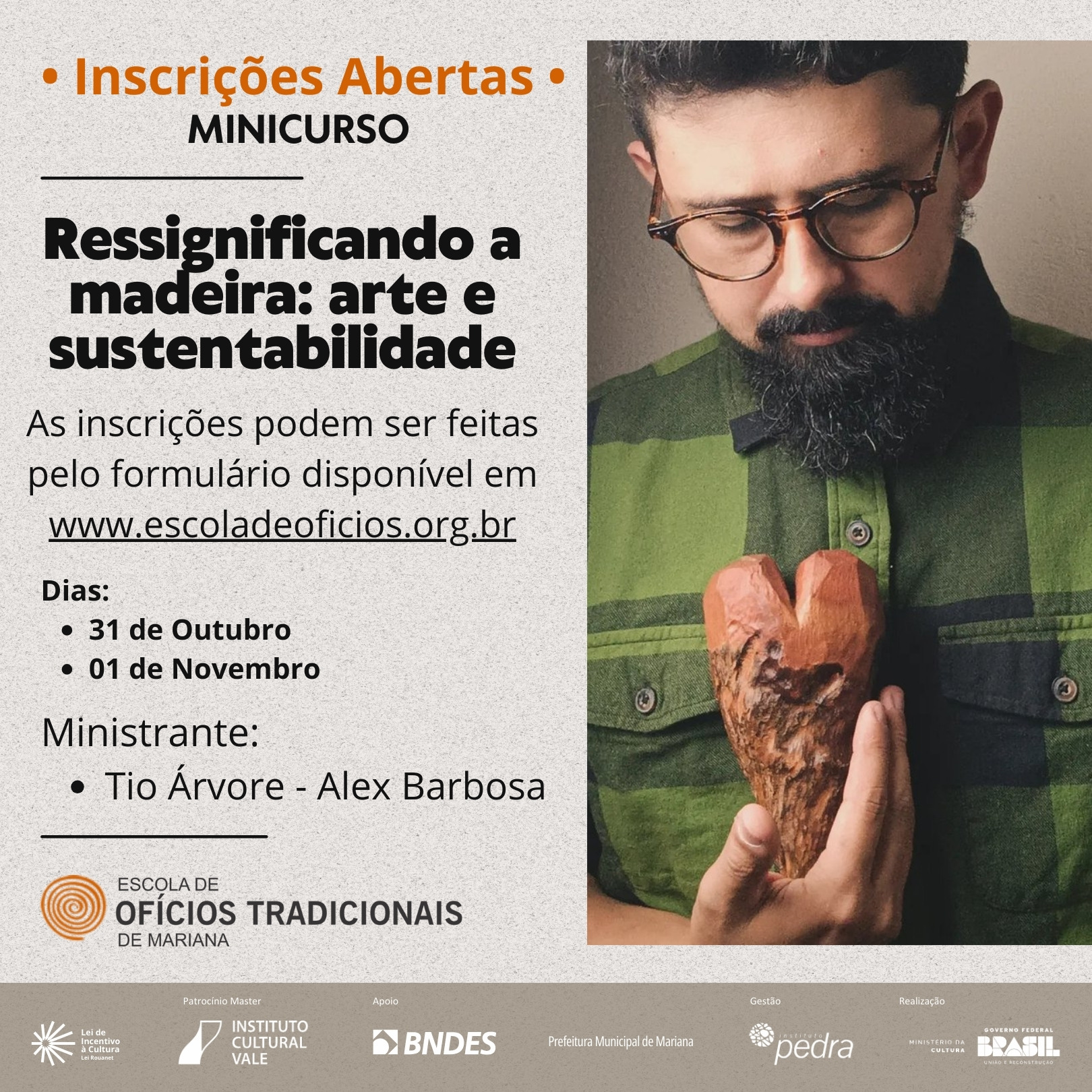 Escola de Ofícios Tradicionais de Mariana recebe Alex Barbosa, conhecido como Tio Árvore, na próxima edição do projeto Conversas Transversais